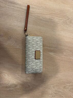 Michael Kors Cream Logo Wristlet with Brown Strap